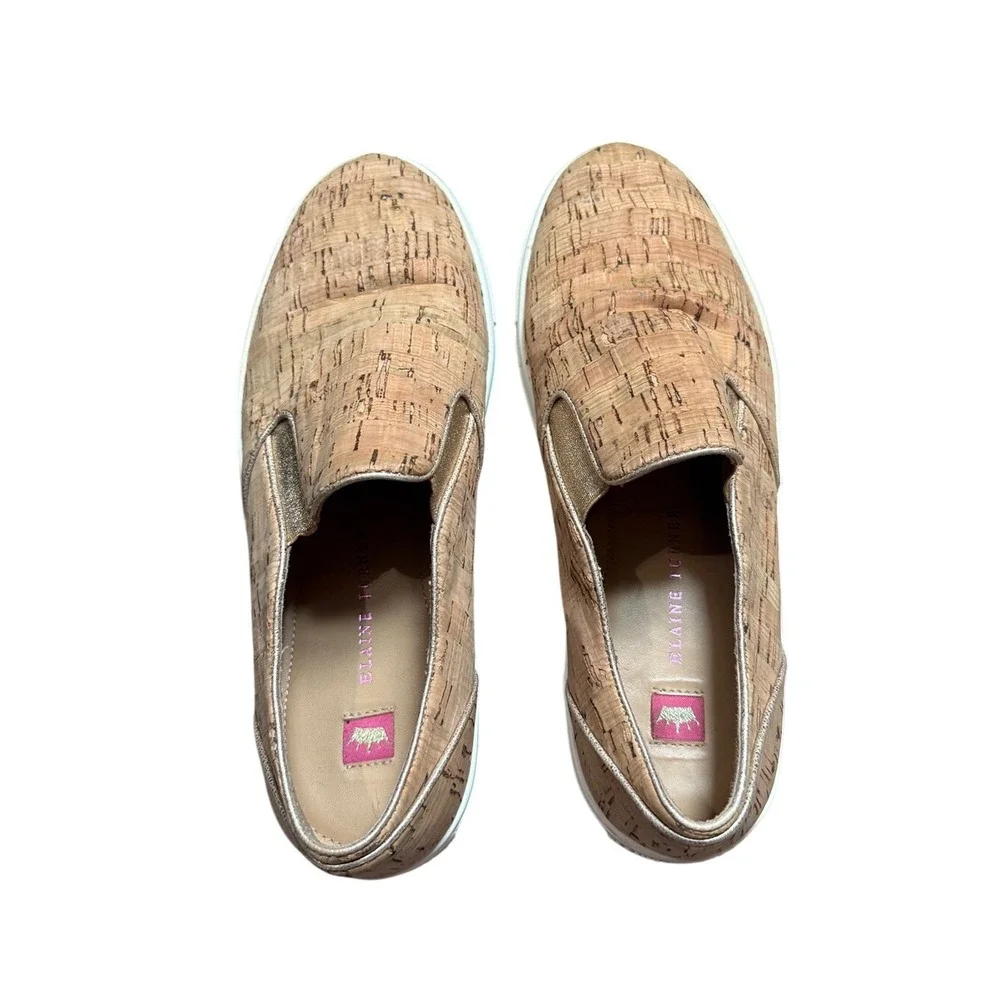 Elaine‎ Turner Natural Cork Gold Trim Slip On Sneakers 8 Beachy Euro Summer Boho
